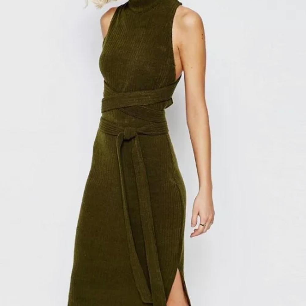 Lavish Alice Green Ribbed Midi Dress Mock Neck Sleeveless Styled Multiple Way - Picture 5 of 7
